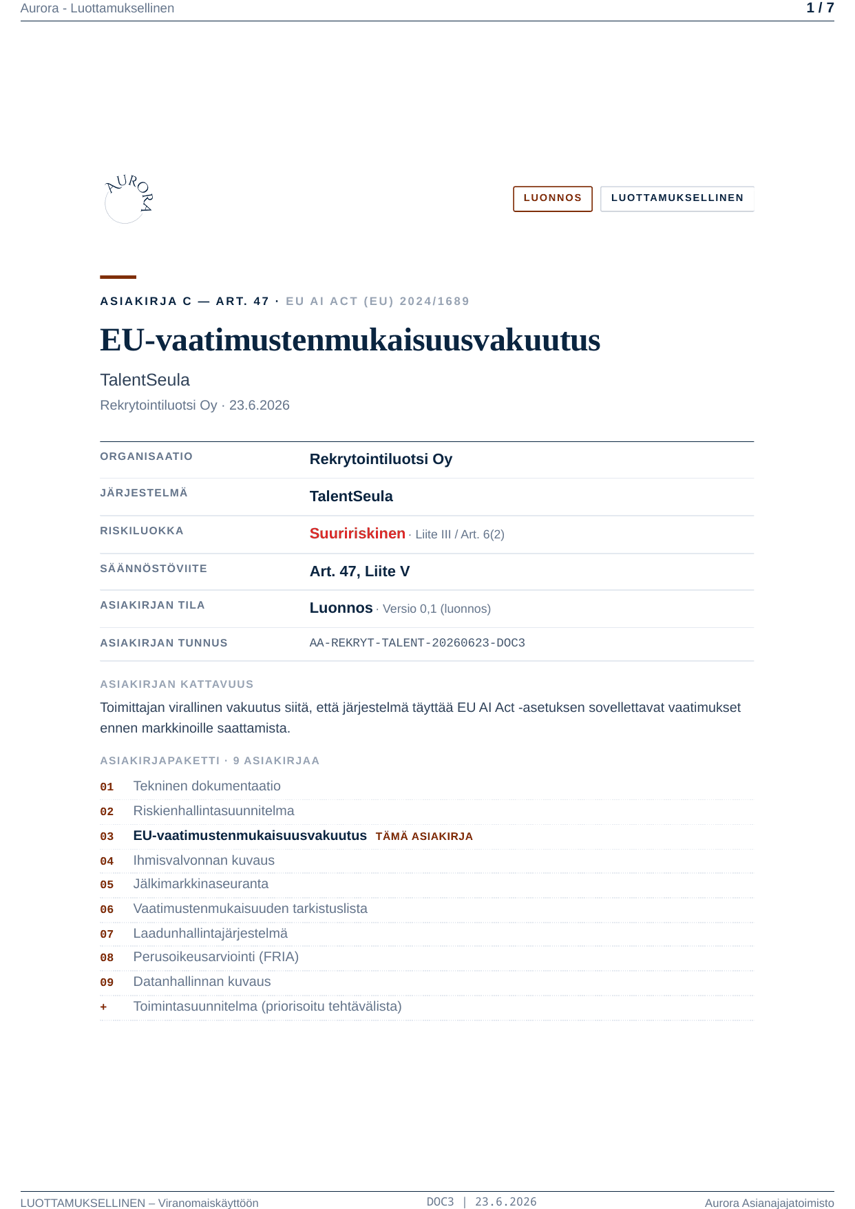 White-label EU AI Act -dokumenttipaketti partnerin brändillä — vaatimustenmukaisuusvakuutus, tekninen dokumentaatio ja perusoikeusarviointi — kansilehti